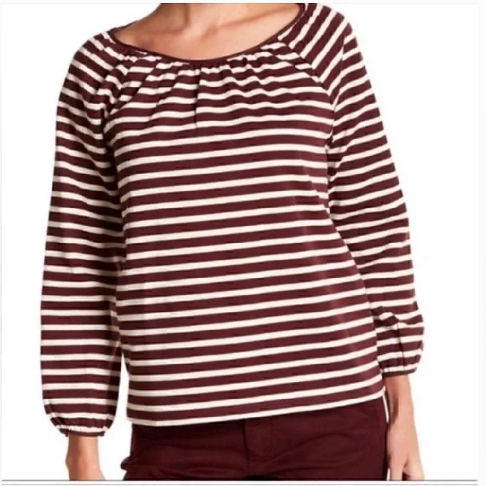 J. Crew Deep Red Stripe Cotton Top in Brown and White